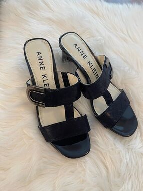 Anne Klein Navy Open-Toe Slide Mules with Buckle Accent